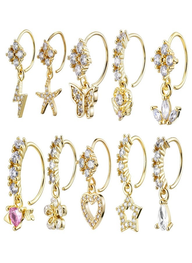 Yolev 10Pcs 20G Gold Dangle Nose Rings Hoop Butterfly Heart Moon Flower Star CZ Cartilage Earring Surgical Steel Dangling Nose Ring Body Piercing Jewelry for Women Men - Image 1