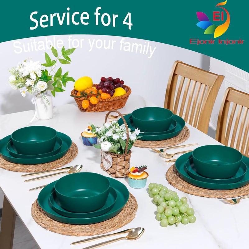 ejonirinjonir EI 12pcs Dark Green Wheat Straw Plates,Plates and Bowls Sets,Wheat Straw Dinnerware Set,Plastic Plates Reusable,Unbreakable Plastic Plate,Plastic Dishes Set,Melamine Dinnerware Sets - Image 5