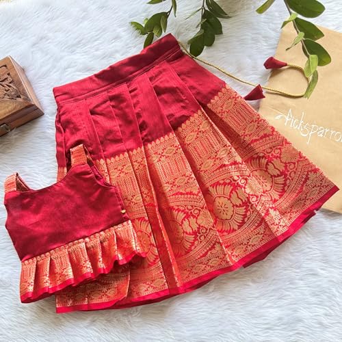 Picksparrow Baby Girl Pattu Pavadai/Kids Lehenga Choli (Pleated Top) (Red, 1-2 Years) - Image 2