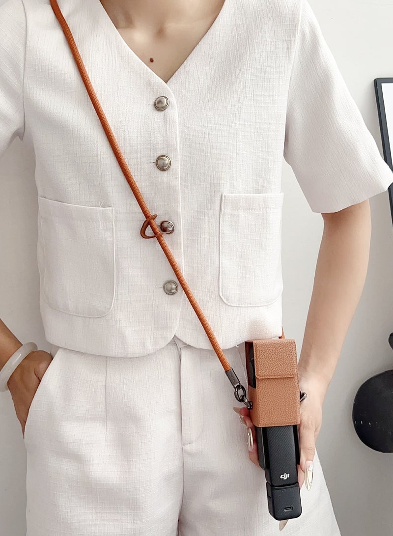 DJI Pocket 3 Camera Case – PU Leather Protective Cover with Shoulder Strap, Crossbody & Handheld Design, Half-Case Style, Camera Accessories Set with Strap, Brown - Image 1