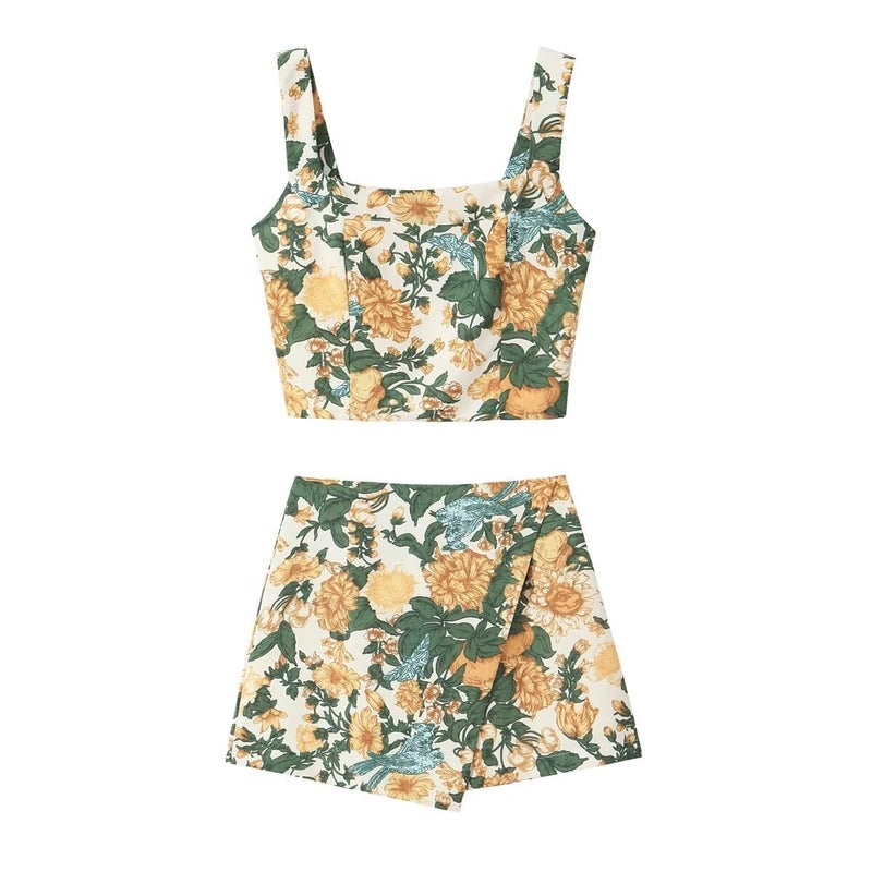 THLAI Women Two Piece Skirt Sets Floral Crop Top and Mini Skirt Sets Summer 2025 Vacation Outfits Short Sets - Image 1