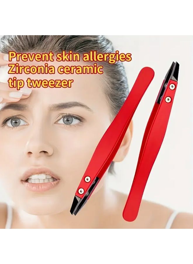 Red Slant Tip Eyebrow Tweezers For Women Precision Ceramic Ingrown Hair Removal Facial Plucking Beauty Tool - Image 2