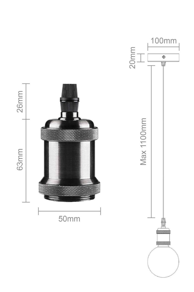 Midwest Ceiling Pendant & Lamp Holder, Metal Pendant Light Fitting, E27 Lamp Holder, Adjustable Cable Length, Fitting Set with Braided Fabric Cable (Black Chrome) Bulb not included - Image 5