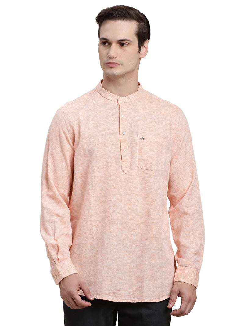 Turtle Men Orange Solid Full Sleeve Slim Fit Cotton Lyolin Casual Kurta Shirt - Image 1