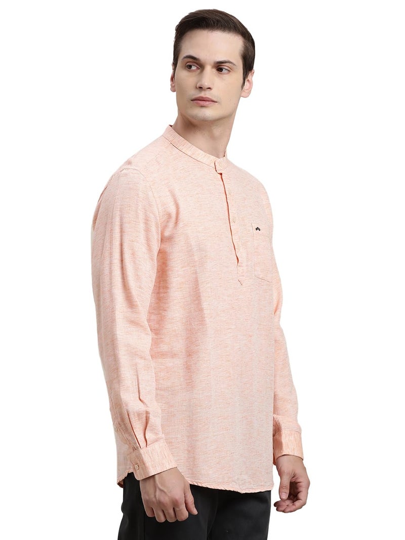 Turtle Men Orange Solid Full Sleeve Slim Fit Cotton Lyolin Casual Kurta Shirt - Image 2