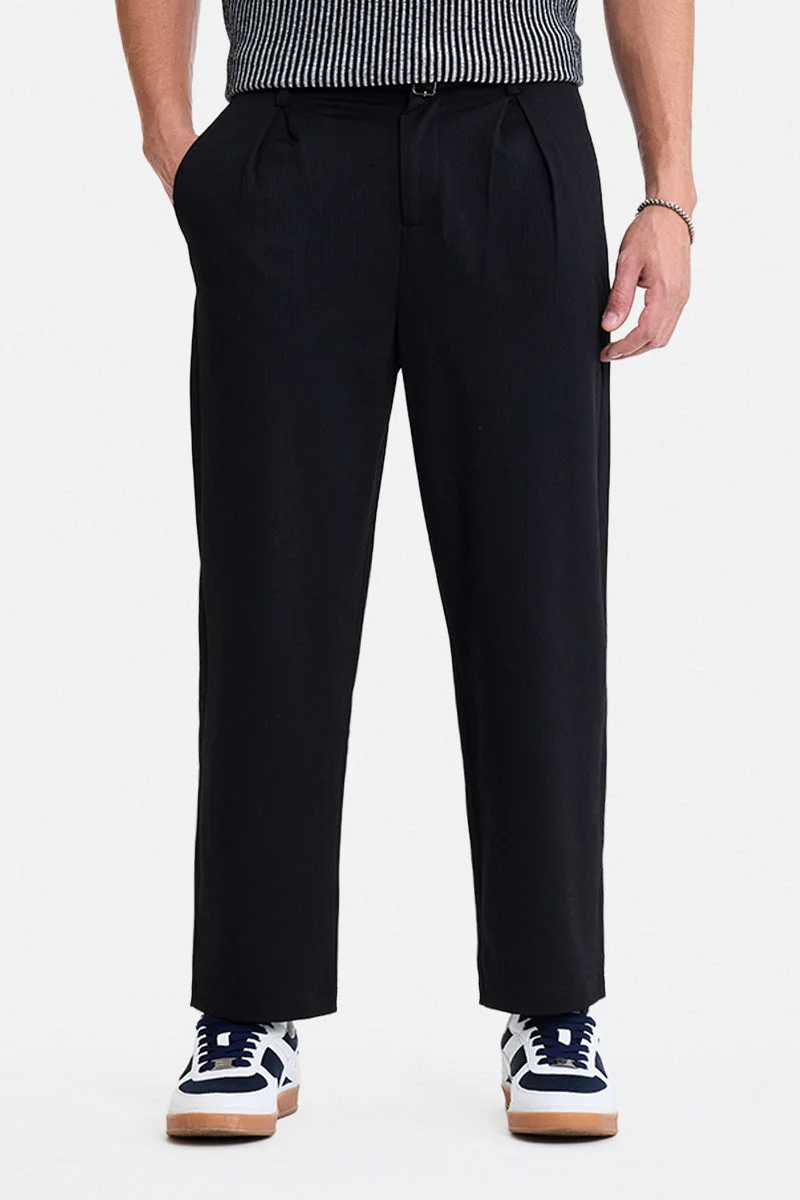 SNITCH Black Ribbed Wide Leg Casual Trousers