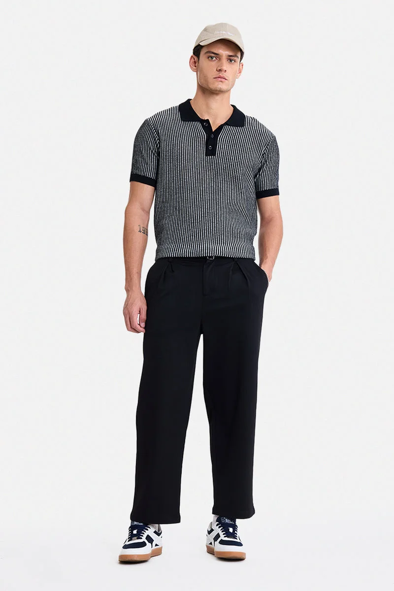 SNITCH Black Ribbed Wide Leg Casual Trousers