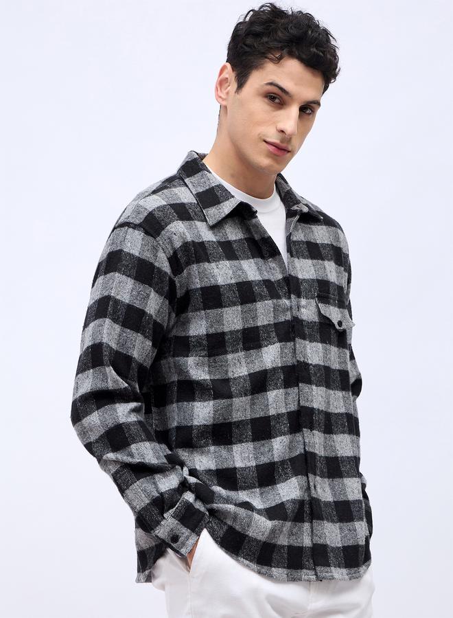 Styli Monochrome Brushed Flannel Checkered Relaxed Shirt with Mock Pocket  - Image 3