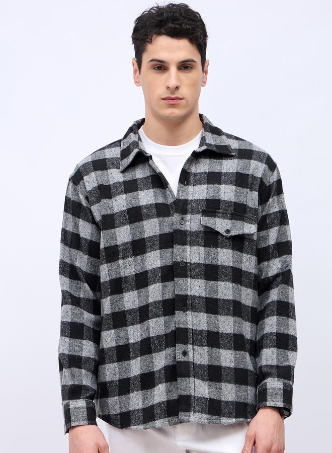Styli Monochrome Brushed Flannel Checkered Relaxed Shirt with Mock Pocket  - Image 2