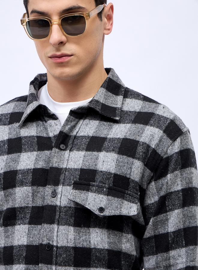 Styli Monochrome Brushed Flannel Checkered Relaxed Shirt with Mock Pocket  - Image 4