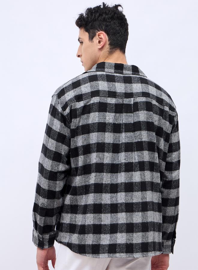 Styli Monochrome Brushed Flannel Checkered Relaxed Shirt with Mock Pocket  - Image 5
