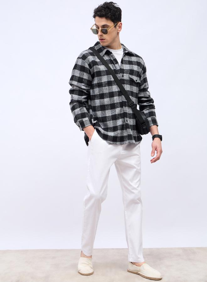 Styli Monochrome Brushed Flannel Checkered Relaxed Shirt with Mock Pocket  - Image 1