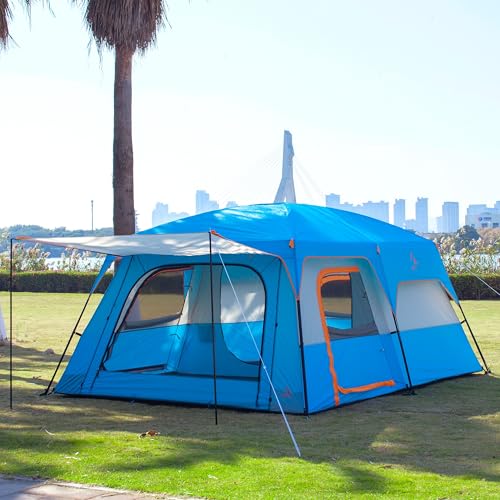 KTT Extra Large Tent 12 Person,Family Cabin Tents,2 Rooms,3 Doors and 3 Windows with Mesh,Straight Wall,Waterproof,Double Layer,Big Tent for Outdoor,Picnic,Camping,Family Gathering(Blue) - Image 4