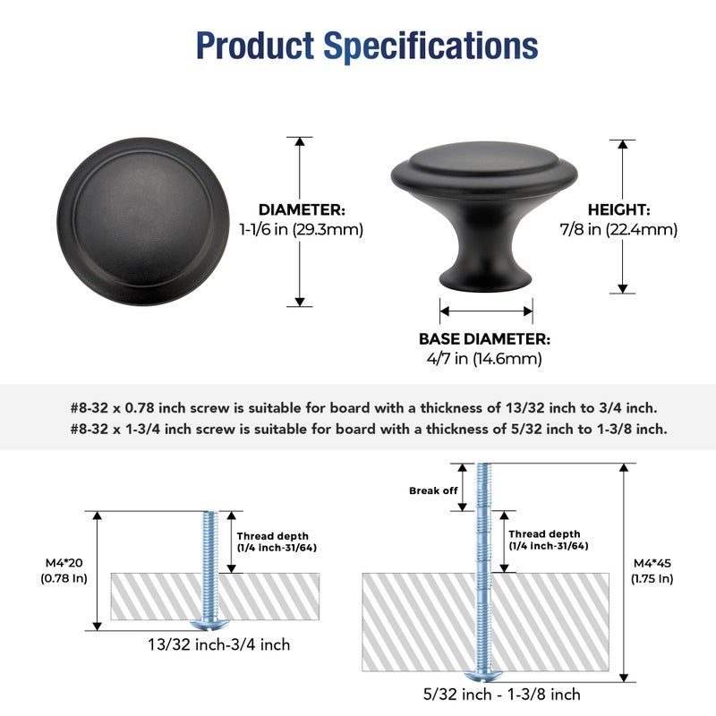 JOY DECOR 18 Pack Matte Black Cabinet Drawer Hardware 30mm Kitchen Cabinet Knobs Drawer Pulls with Installation Screws for Dressers Kitchens Cupboard - Image 3