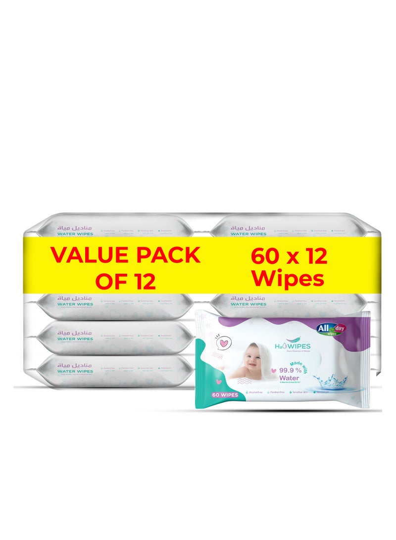 All day wipes All Day H2O Wet Wipes 99% Water & Aloe Vera Extract Pure Essence-60 Count : Made with 99.9% Pure Water and Enriched with Soothing Aloe Vera to Calm and Hydrate the Skin. ( Pack of 12) - Image 1