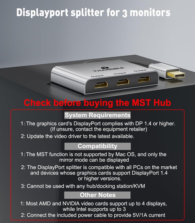 THANDBLE DisplayPort to HDMI Splitter for Multi Monitor Adapter, HDMI Splitter Extended Display 1 in 3 Out MST Hub (4K@60Hz) for Extended or Cloned Display Mode, DP to 3X HDMI Port with PC, NVIDIA AMD - Image 4
