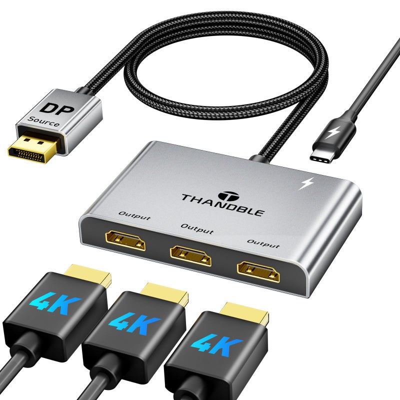THANDBLE DisplayPort to HDMI Splitter for Multi Monitor Adapter, HDMI Splitter Extended Display 1 in 3 Out MST Hub (4K@60Hz) for Extended or Cloned Display Mode, DP to 3X HDMI Port with PC, NVIDIA AMD - Image 1
