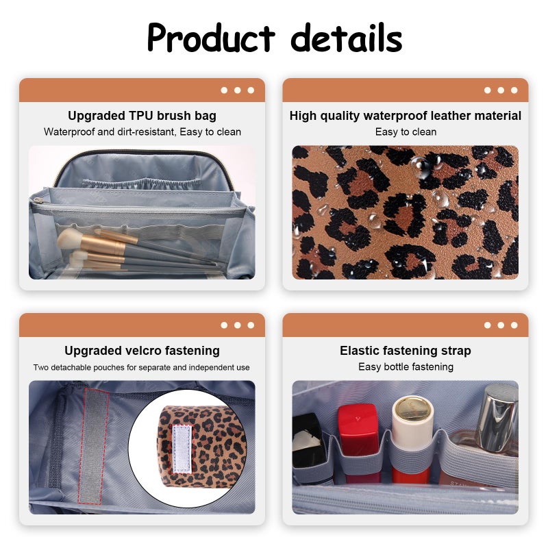 BOYATU Travel Makeup Bag for Women: 3 Pcs Set Portable Make up Bags with Handle - Leopard Print Cosmetic Bags with Comparments - Waterproof Vegan Leather Toiletry Bag (A-1-Brown) - Image 5