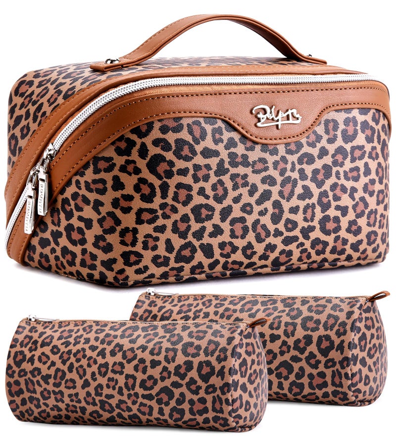 BOYATU Travel Makeup Bag for Women: 3 Pcs Set Portable Make up Bags with Handle - Leopard Print Cosmetic Bags with Comparments - Waterproof Vegan Leather Toiletry Bag (A-1-Brown) - Image 1