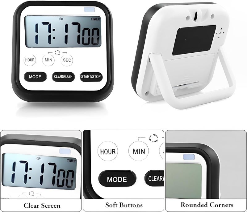 FLAVION Multi-Function Electronic Timer, Magnetic Digital Timer with Clock and Stopwatch, Loud Alarm,Magnetic, Battery Operated, Big LCD Display (Black, Pack of 1) - Image 2