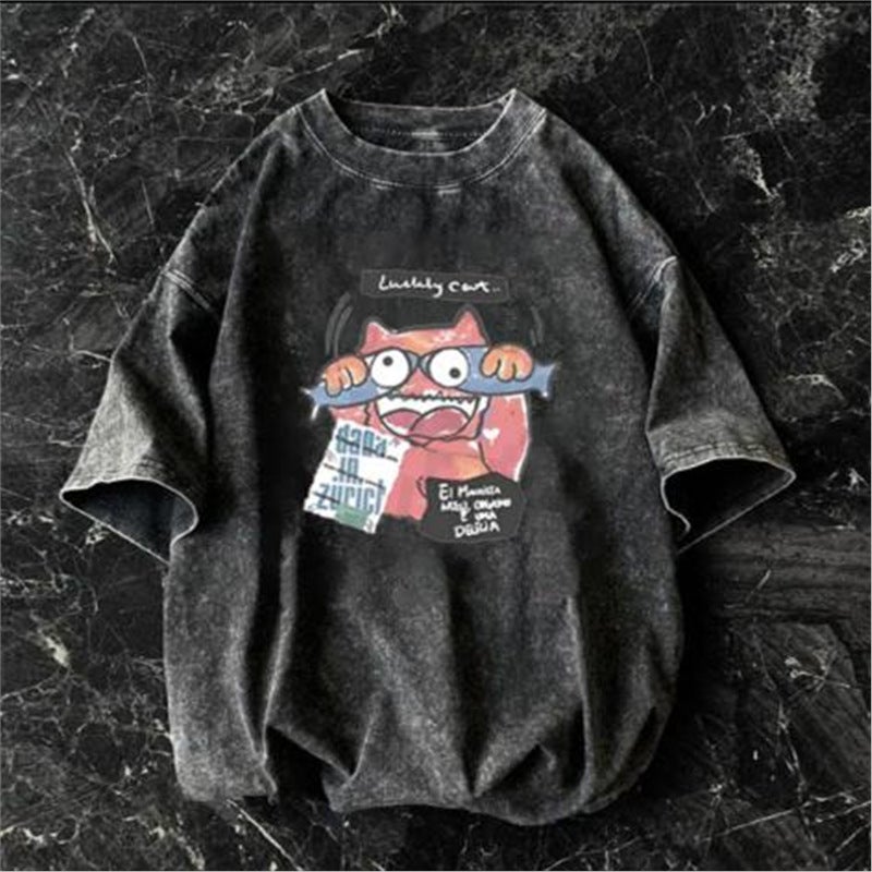 American Style Retro Heavy Short-Sleeved T-Shirt Men'S Summer Trendy Brand High Street Washed Old Hip-Hop Casual Plus Size T-Shirt - Image 4