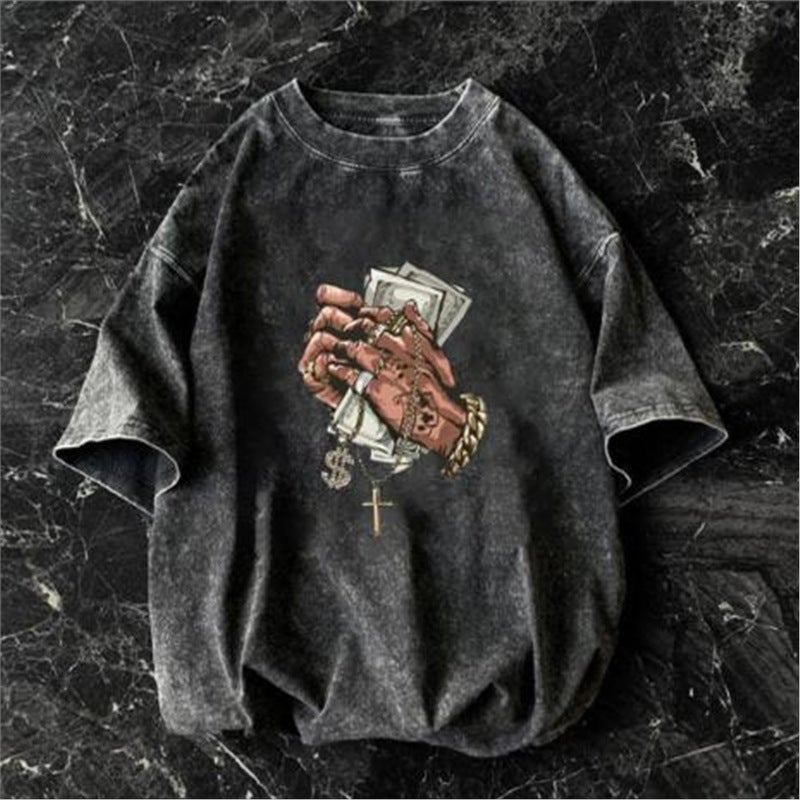 American Style Retro Heavy Short-Sleeved T-Shirt Men'S Summer Trendy Brand High Street Washed Old Hip-Hop Casual Plus Size T-Shirt - Image 2