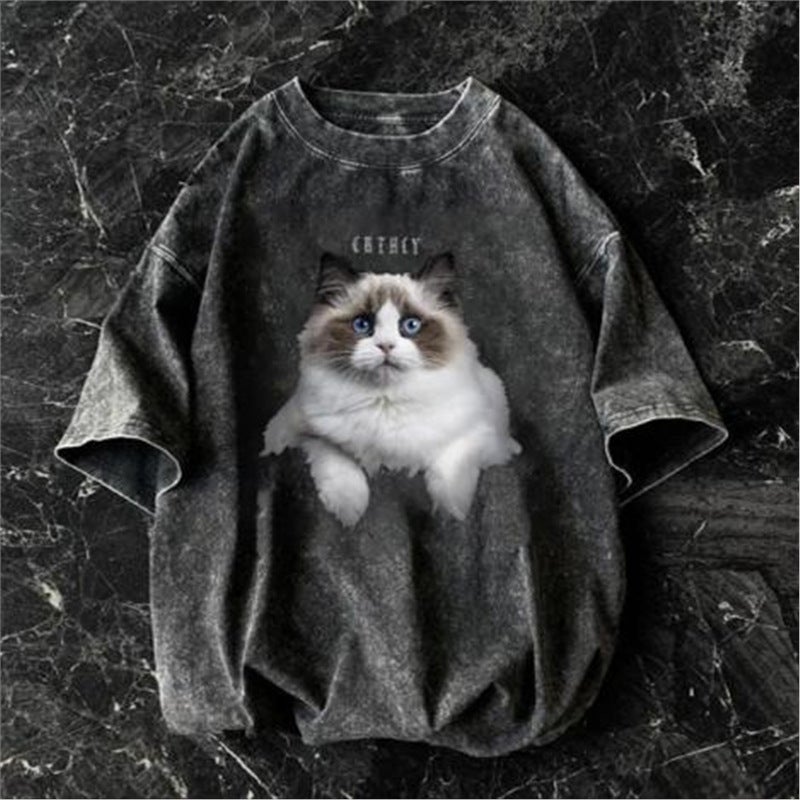 American Style Retro Heavy Short-Sleeved T-Shirt Men'S Summer Trendy Brand High Street Washed Old Hip-Hop Casual Plus Size T-Shirt - Image 5