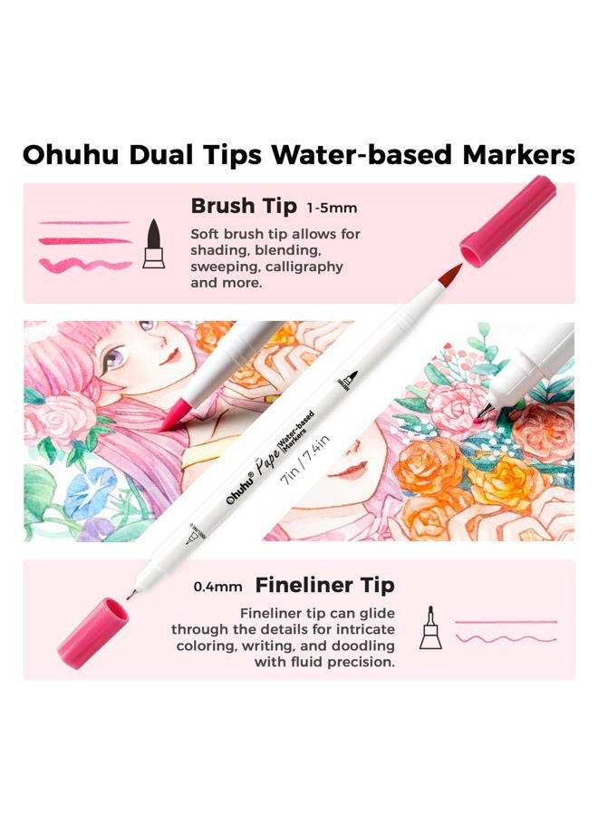 Ohuhu Markers صديقة للورق بدون تقشير مائية 60/120 ألوان فرشاة مزدوجة نصائح علامات لتلوين البالغين بدون تسرب أقلام رسم للأطفال المبتدئين الخط - Pupe (60 لون) - Image 4