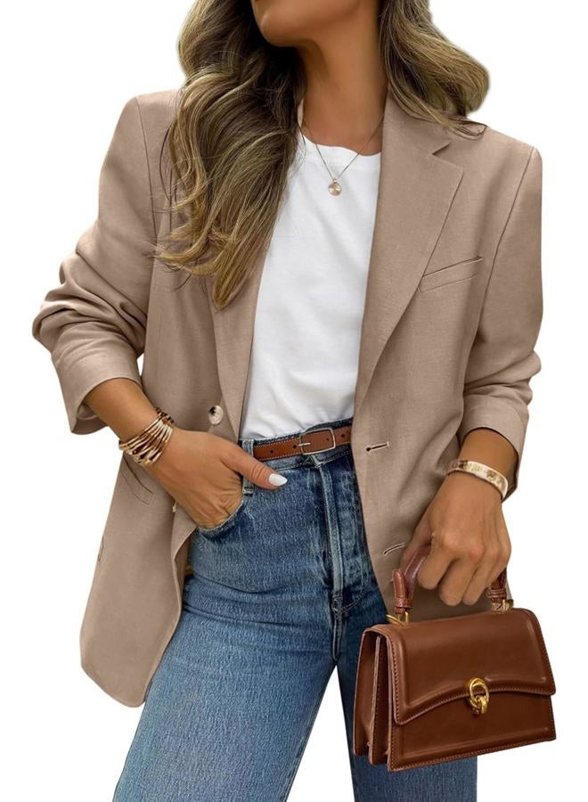 FSVABY Womens Casual Work Office Blazer Jacket Long Sleeve Lightweight Open Front Two Button Suit Blazer with Pockets, Khaki, L - Image 1