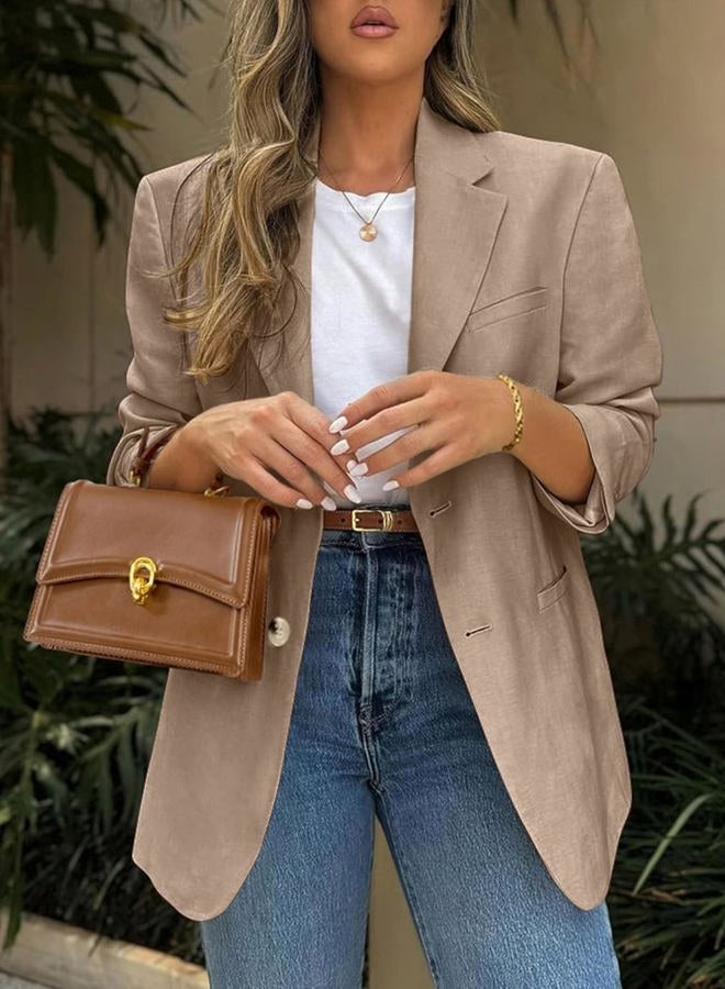 FSVABY Womens Casual Work Office Blazer Jacket Long Sleeve Lightweight Open Front Two Button Suit Blazer with Pockets, Khaki, L - Image 2
