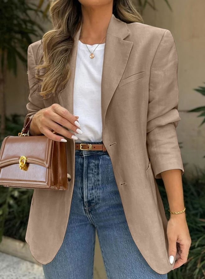 FSVABY Womens Casual Work Office Blazer Jacket Long Sleeve Lightweight Open Front Two Button Suit Blazer with Pockets, Khaki, L - Image 3
