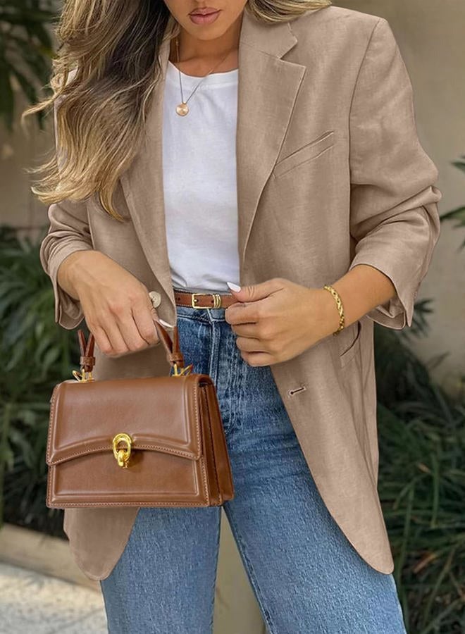 FSVABY Womens Casual Work Office Blazer Jacket Long Sleeve Lightweight Open Front Two Button Suit Blazer with Pockets, Khaki, L - Image 5