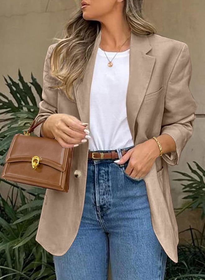 FSVABY Womens Casual Work Office Blazer Jacket Long Sleeve Lightweight Open Front Two Button Suit Blazer with Pockets, Khaki, L - Image 4