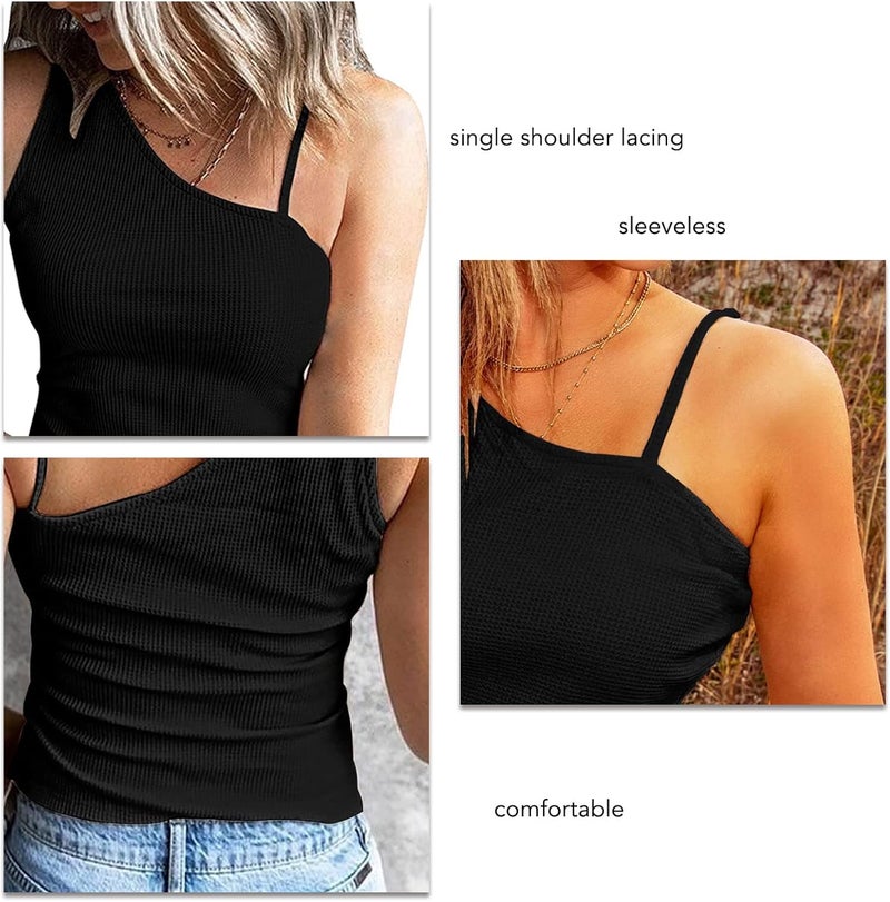 كلاراكو تي شيرت نسائي بدون أكمام بدون أكمام صيفي كاجوال بكتف واحد، تي شيرت ضيق بقصة ضيقة، تي شيرت محبوك بنمط الوافل، بلوزة وسترة - Image 2