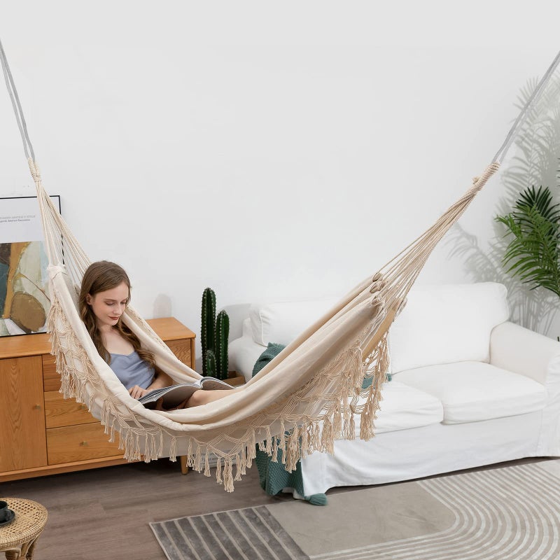 YAERSI Double Boho Macrame Hammock with Elegant Tassels for Patio, Yard, Beach Wedding Decor, Outdoor and Indoor Up to 450lbs Include Tie Ropes and Drawstring Bag - Image 4