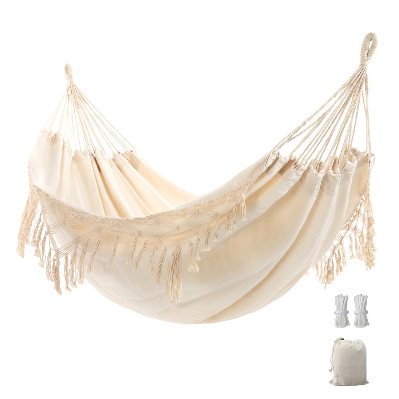 YAERSI Double Boho Macrame Hammock with Elegant Tassels for Patio, Yard, Beach Wedding Decor, Outdoor and Indoor Up to 450lbs Include Tie Ropes and Drawstring Bag - Image 1