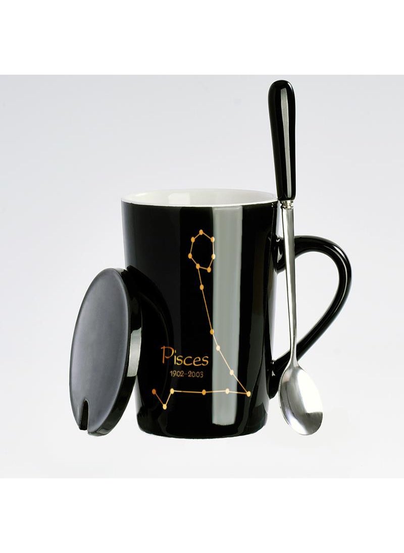 Generic Creative Zodiac Ceramic Mug with Lid Pisces (Black) 
