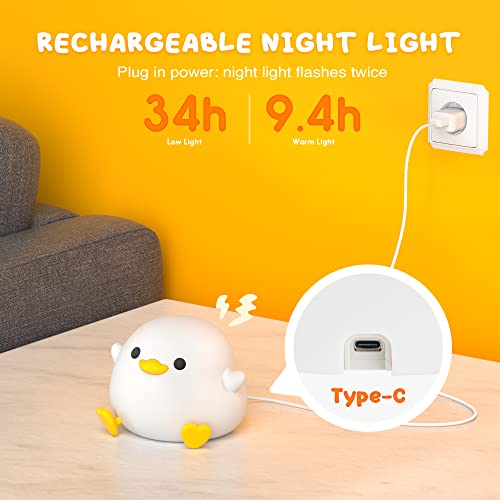 UNEEDE LED Cute Bean Duck Night Light, DoDo Duck Silicone Nursery Night Light Squishy Dimmable Rechargeable Table Bedside Lamp with Touch Sensor for Bedrooms, Living Room Unique Dorm Decor Gift Toy - Image 4