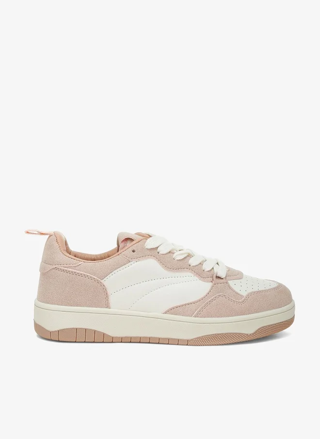 Faux Leather Casual Sneakers in White and Pink