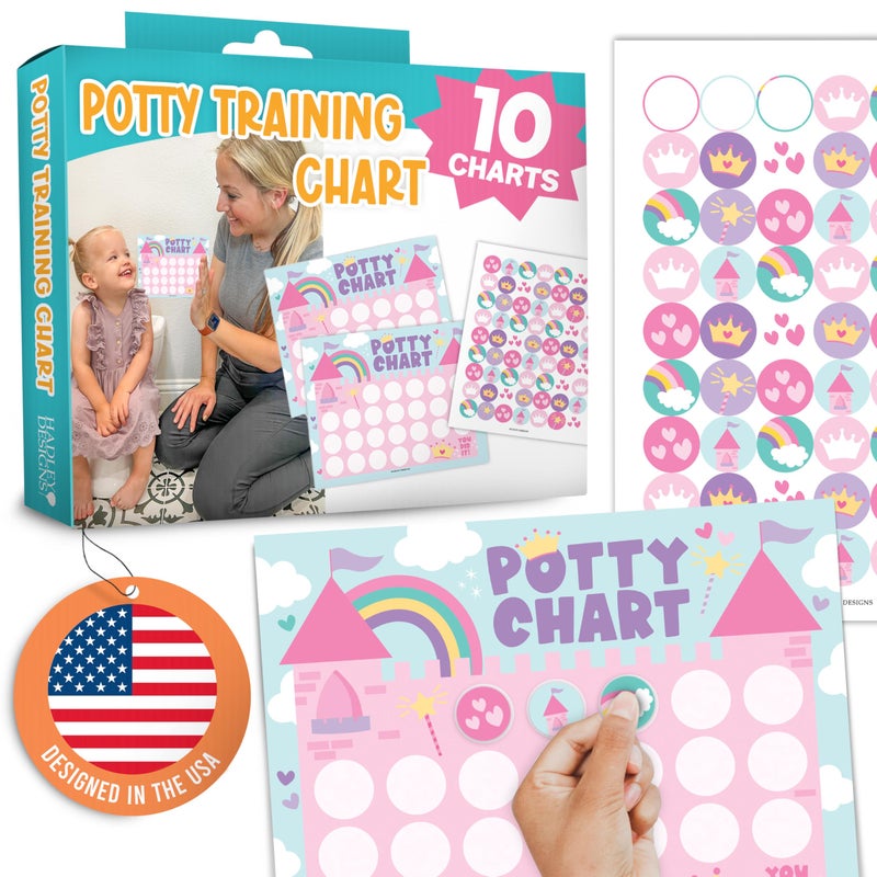 Hadley Designs Potty Training Chart for Toddlers Girls -10 Sticker Potty Chart for Toddlers Girls, 8.5x11" Potty Training Sticker Charts for Toilet Success, Princess Toddler Reward Chart for Kids - Image 1