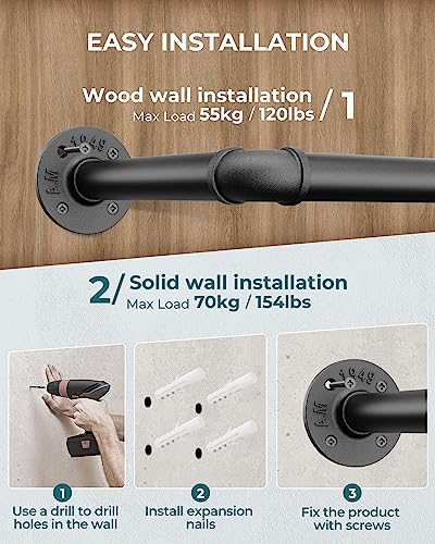 OROPY Clothes Rack, 65.7" Industrial Pipe Clothing Rack for Hanging Clothes, Wall Mounted Heavy Duty Space Saving Garment Rack for Closet Storage, Black, 3 Base - Image 2