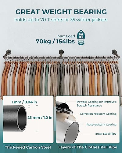OROPY Clothes Rack, 65.7" Industrial Pipe Clothing Rack for Hanging Clothes, Wall Mounted Heavy Duty Space Saving Garment Rack for Closet Storage, Black, 3 Base - Image 5