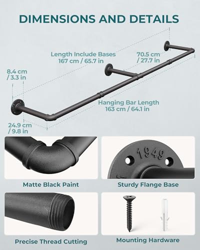 OROPY Clothes Rack, 65.7" Industrial Pipe Clothing Rack for Hanging Clothes, Wall Mounted Heavy Duty Space Saving Garment Rack for Closet Storage, Black, 3 Base - Image 3
