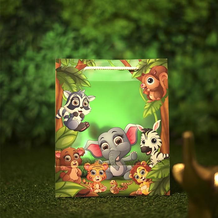 ARTEK Premium Jungle Theme Kids Gift Bags - (Pack of 5) | Eco-Friendly Polypropylene Return Gifts Bags | Non-Tearable & Waterproof | Ideal for Return Gifts - 9 x 7.5 x 4 inch - Image 3