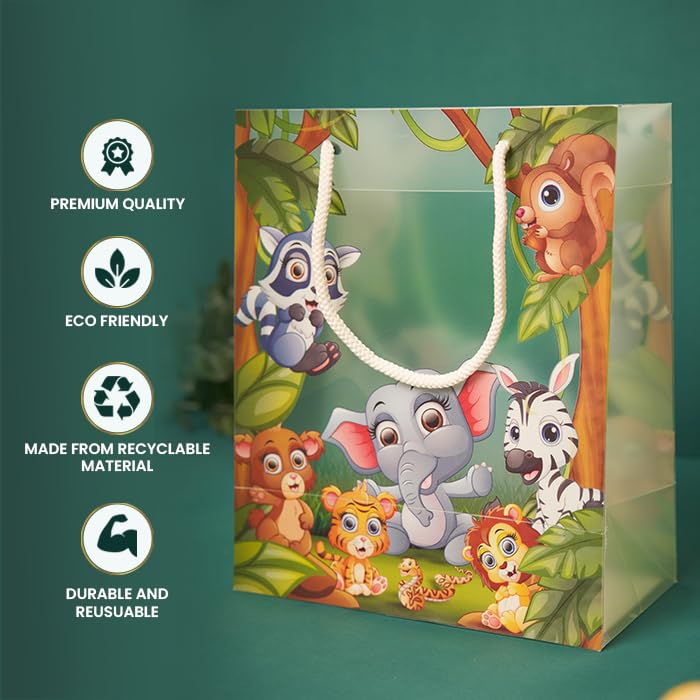 ARTEK Premium Jungle Theme Kids Gift Bags - (Pack of 5) | Eco-Friendly Polypropylene Return Gifts Bags | Non-Tearable & Waterproof | Ideal for Return Gifts - 9 x 7.5 x 4 inch - Image 2