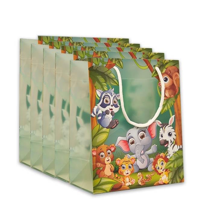 ARTEK Premium Jungle Theme Kids Gift Bags - (Pack of 5) | Eco-Friendly Polypropylene Return Gifts Bags | Non-Tearable & Waterproof | Ideal for Return Gifts - 9 x 7.5 x 4 inch - Image 1