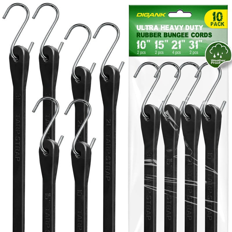 Bungee Cords with Hooks 10 Pack Heavy Duty Outdoor Rubber Tarp Straps in 10 15 21 31 Sizes Crimped S Hooks for Cargo Bikes Camping Gear Luggage Max Stretch 15X Load 180 lbs