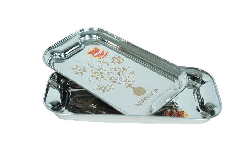 Nirvika Stainless Steel Serving TrayLemon Platter with Steel Finish Rectangular Multipurpose Tray DishSet of 2 - Image 3