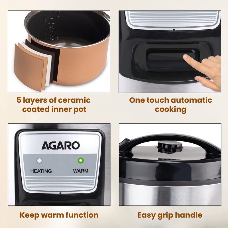 AGARO Regency Electric Rice Cooker, 5L Ceramic Coated Inner Bowl, Cooks up to 1.5Kgs (approx.10 cups) raw rice, 700 W, Easy Grip handle, Automatic Cooking, Keep Warm Function, Multipurpose Cooking - Image 5