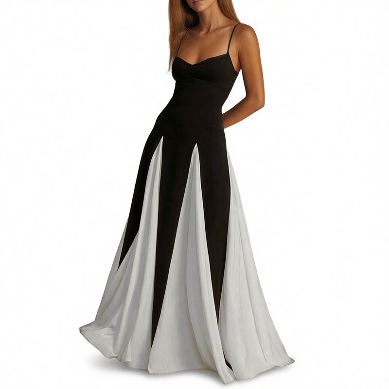 Women's Contrast Round Neck Casual Waist Flared Dress - Image 1